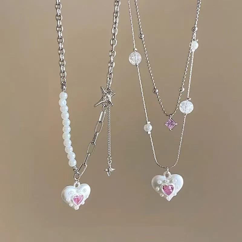Exquisite Double-Layer Pink Heart Zircon Pearl Necklace Women's Beaded Clavicle Chain