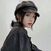 Hat Women's PU Leather Octagonal Hat Autumn and Winter New Retro British Fashion Versatile Beret Leather Hat