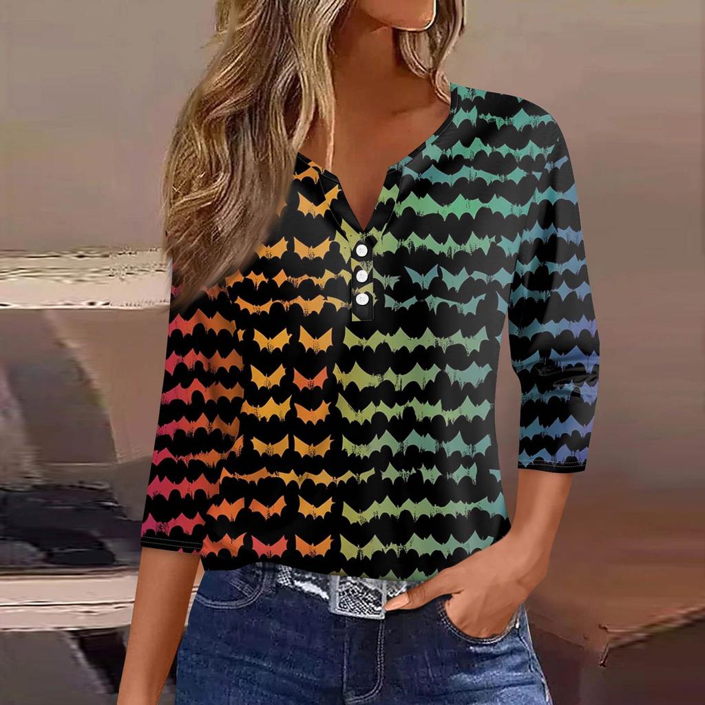 Women's Fashion Casual T-Shirt V-Neck Seven Sleeve  Printed Button Top