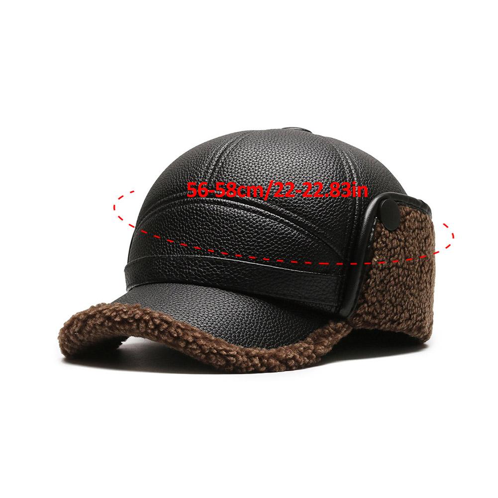 Autumn Winter Hat For Men Outdoor Thick PU Leather Warm Adjustable Earmuffs Baseball Cap Bomber Thick Fleece Lined Hats