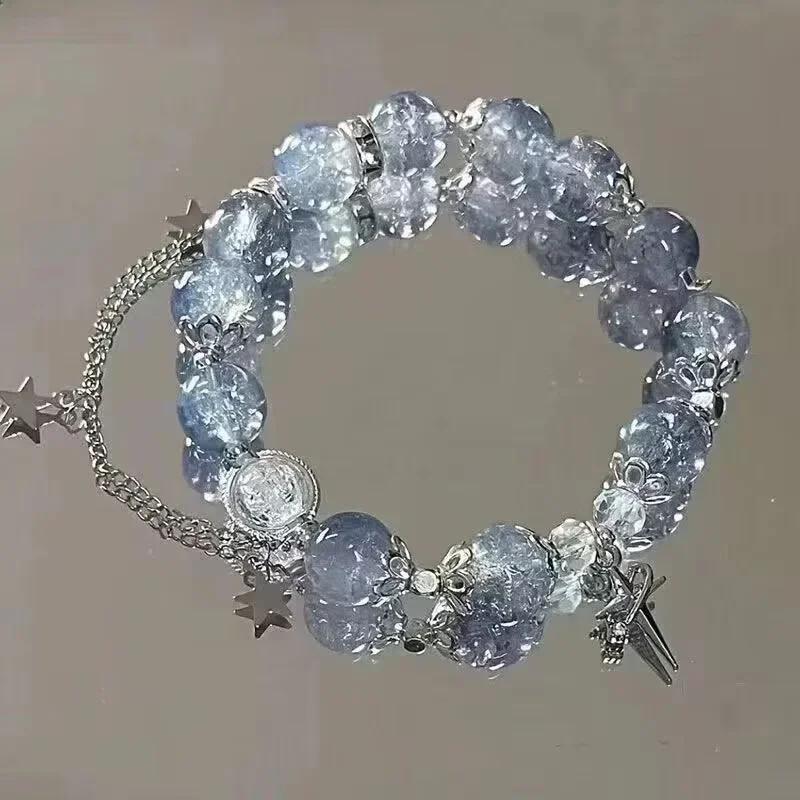 Bracciale con Perline e Ciondolo a Forma di Fiore Rosa di Cristallo Coreano e Farfalla per Donne, Catena Dolce con Perle, Gioielli Regalo per Fidanzata