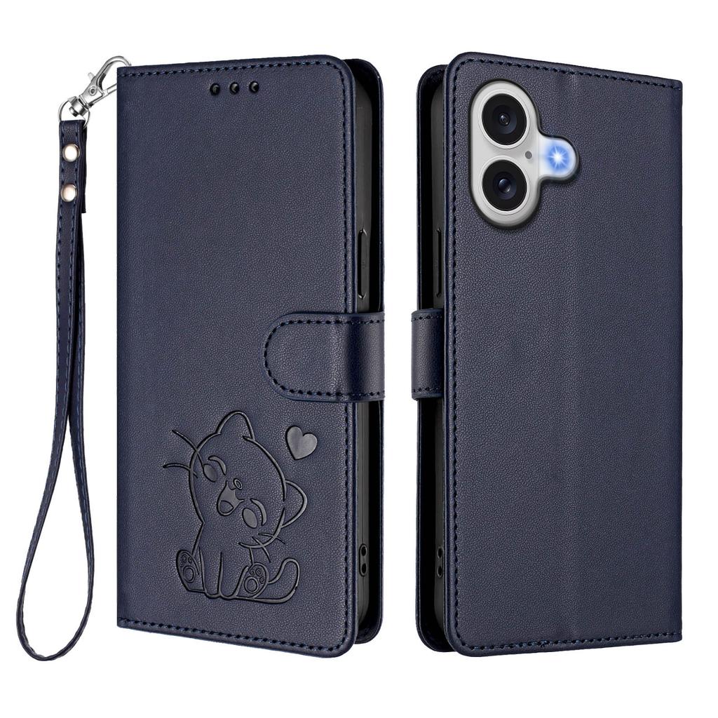 For iPhone 17 Wallet Case with Wrist Strap Love Cat Pattern Imprint Leather Phone Cover