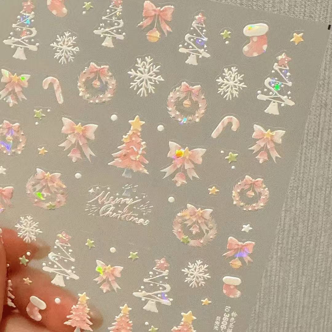 

Pink Christmas Shell Light Nail Art Sticker Relief Three-dimensional Christmas Tree Nail Art Fairy Nails Light Luxury High-end White T225-Pink Christmas