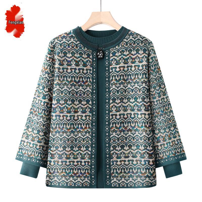 

Fengxiao Элегантный женский вязаный кардиган с цветочным узором для среднего возраста, комплект из двух предметов M