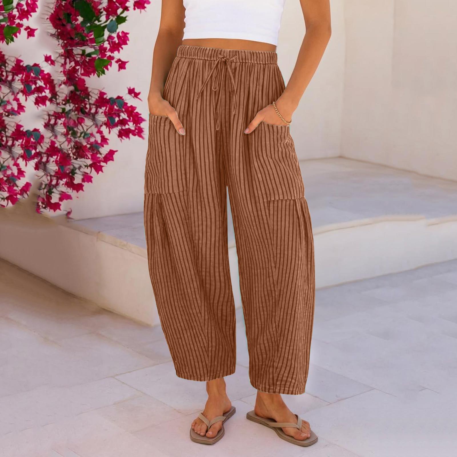Women s Casual Relaxed Fit High-Waisted Belted Pocket Cotton-Linen Blend Trousers L