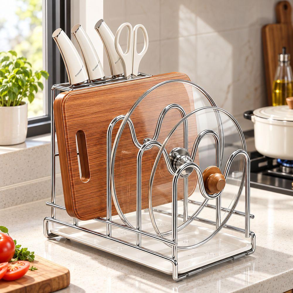 Stainless Steel Kitchen Storage Rack M-Shaped Slots Cutting Board Rack Kitchen Countertop