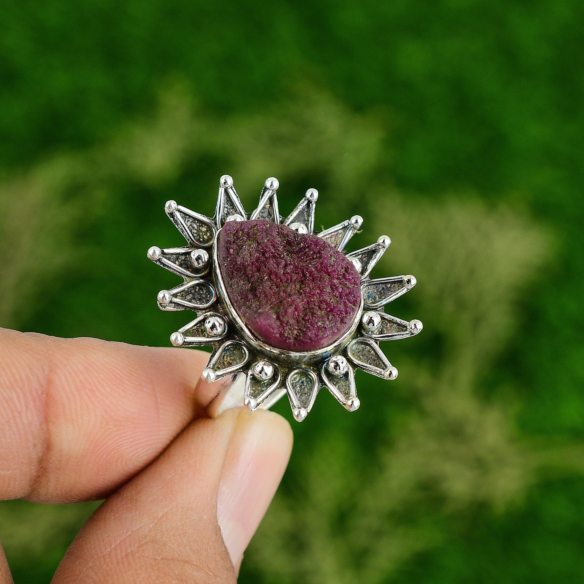 

Натуральный друзовый драгоценный камень Штабелируемое розовое регулируемое кольцо Серебро 925 пробы Adjustable