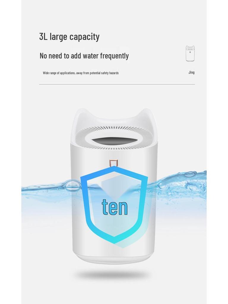 New 3L Double Spray USB Humidifier: Silent Air Purifier for Home, Bedroom, and Office.