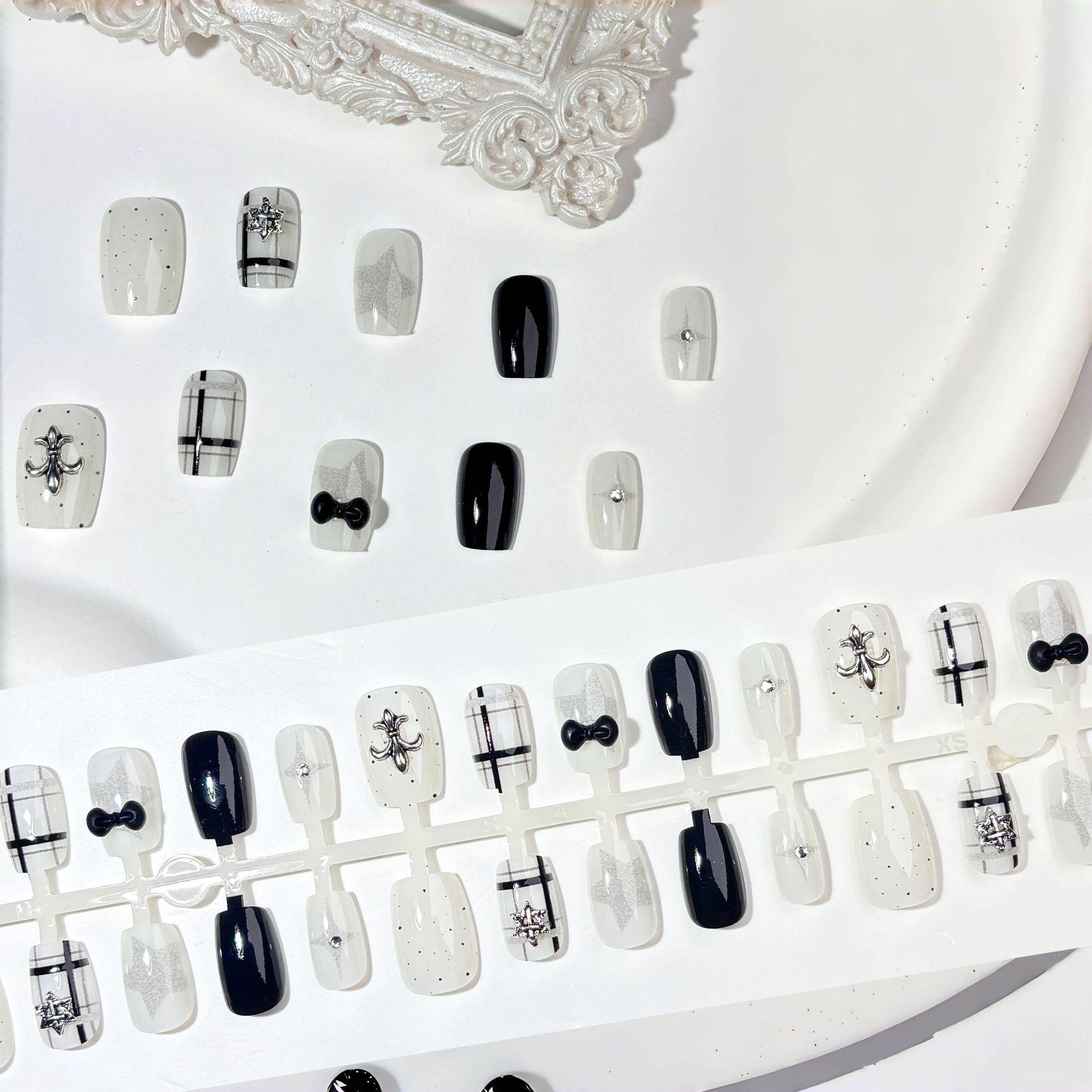 

3D Rhinestone Black & White Press-On Nails - Cute Korean Inspired Spring/Summer Design
