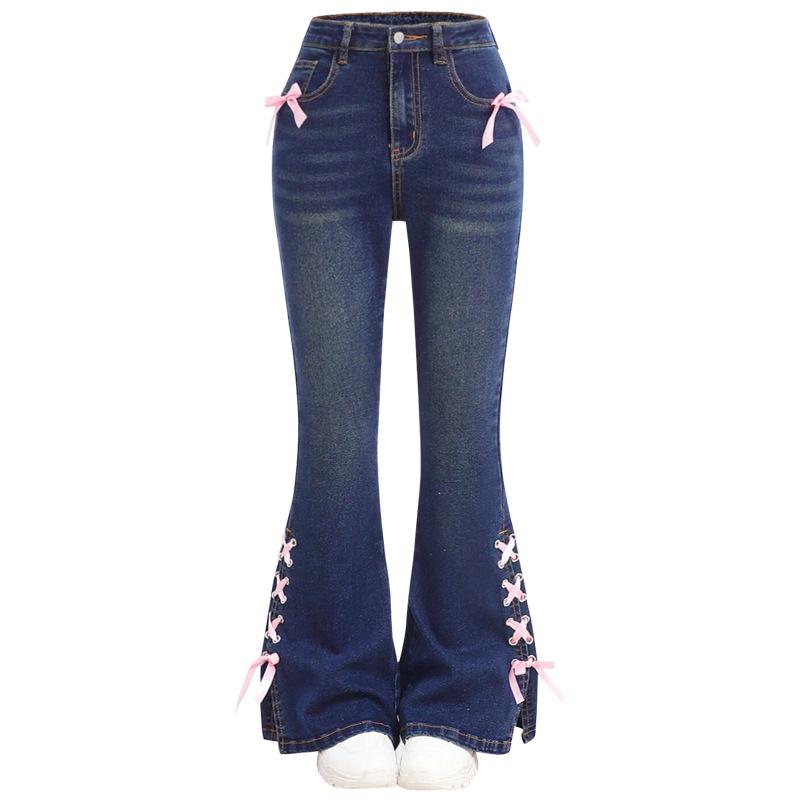 

Women s Bowknot Jeans Loose Straight Wide-Leg Trousers S темно-синий