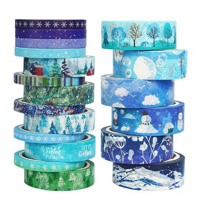 19-teiliges Washi-Tapes-Set mit Winterwald, 15 mm x 5 m, blauer Schnee, Geschenkpapier, selbstklebendes Abdeckband, Dekorationsaufkleber