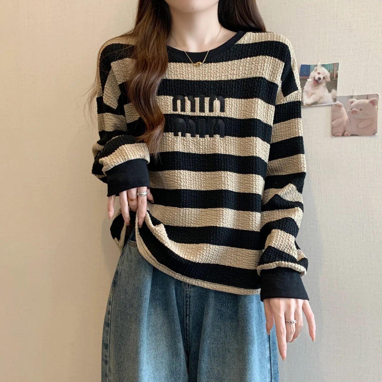 

Женская полосатая толстовка с круглым вырезом, свободный и универсальный топ с длинными рукавами 3XL