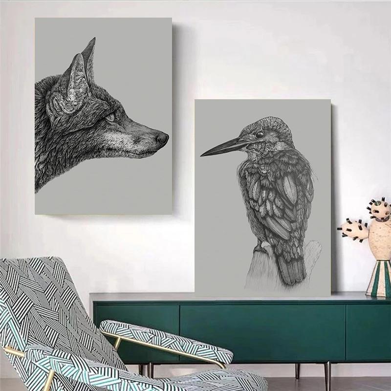 Minimalistisches Tier-Bleistiftskizze-Poster Karauschen-Eisvogel Kleine Eule Drucke Leinwandbild Wandbilder Heim Wohnzimmer Dekoration