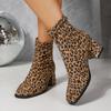New European and American Style Leopard Print Square Head Thick Heel Short Boots Women's Suede Medium Heel Short Rear Zipper Martin Boots Single Boots