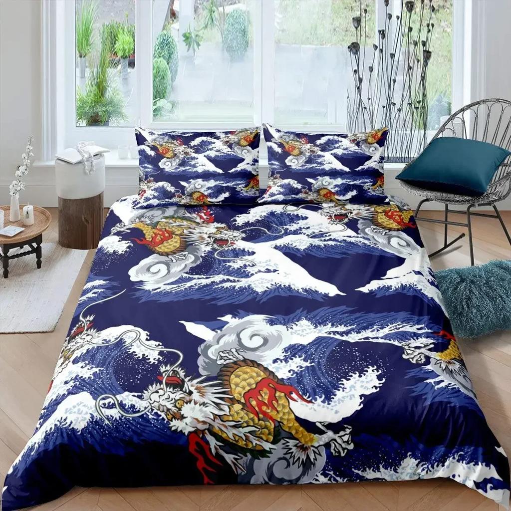 Magical Dinosaur Bedding Set Fire Dragon Duvet Cover Set Jungle Animals Pattern Wildlife Style King Size Polyester Quilt Cover