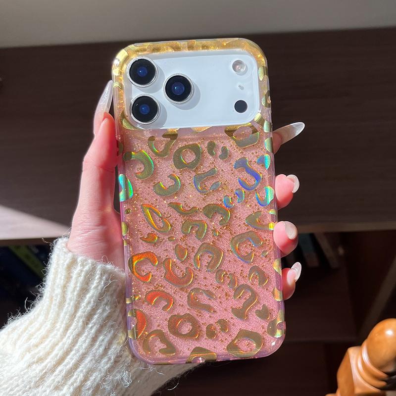 Custodia per Telefono con Glitter Rosa Doratura Stampa Leopardo per iPhone 17 Pro Max 13 14 15 16 promax Lucida Copertura Posteriore IMD