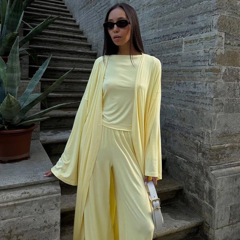 

Summer Casual Set Thin Long Cardigan+Long Sleeved Top+High Waisted Loose Pants Women s 3-piece Set Vacation Style Solid Color Suit S чорний