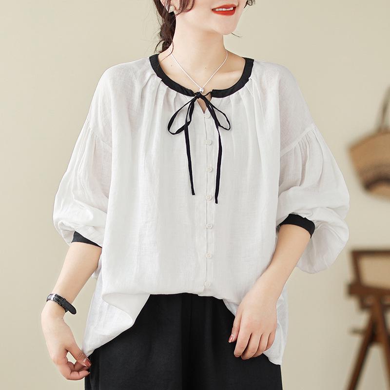 

Women s Cotton Linen Color Block Lantern Sleeve Shirt - Versatile Loose Slimming Top XXL білий
