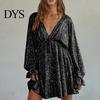 Lightweight Dress Lady Club Party Deep V Neck Shimmering Sequin Loose Solid Slimming V-neck Color Long Sleeve Bow Lace-up Strap Look Mini