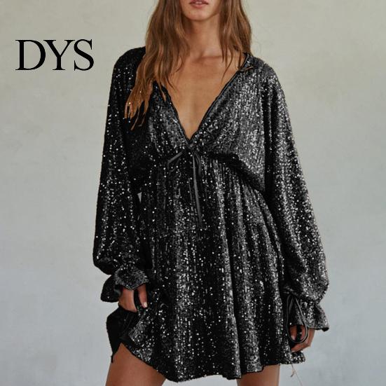 Lightweight Dress Lady Club Party Deep V Neck Shimmering Sequin Loose Solid Slimming V-neck Color Long Sleeve Bow Lace-up Strap Look Mini