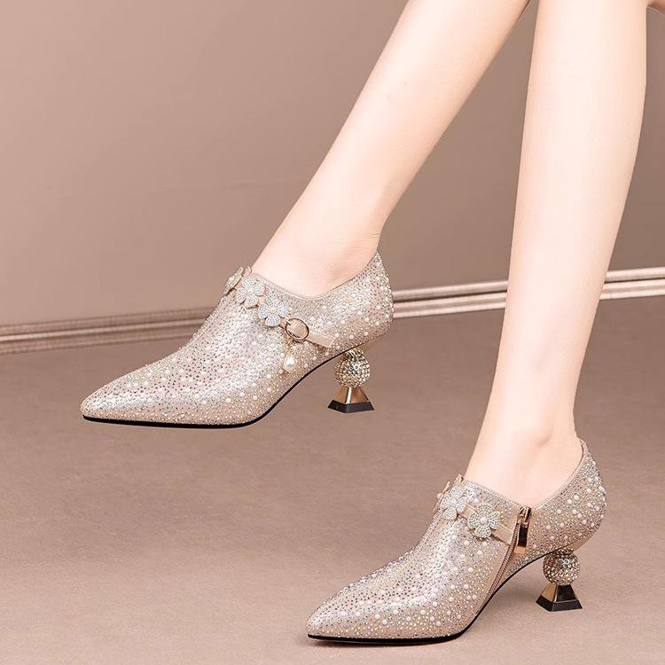 2025 spring new fashion foreign flower women's shoes pearl rhinestone wedding shoes thick heel deep mouth single shoes women's high heels