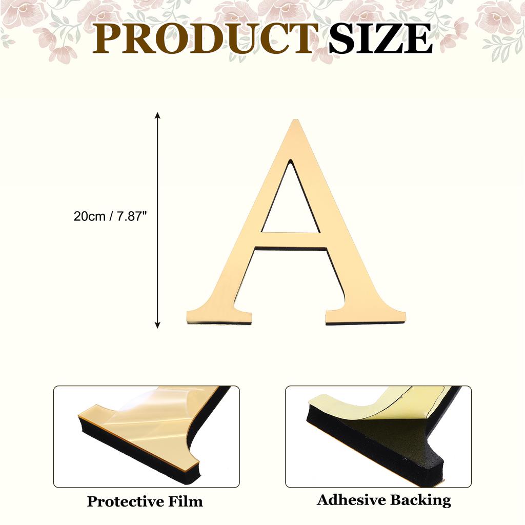 20cm 3D Mirror Acrylic Wall Sticker 26 English Letters Wall Sticker Decals Self-Adhesive Wall Art Mural Home Party Light Gold