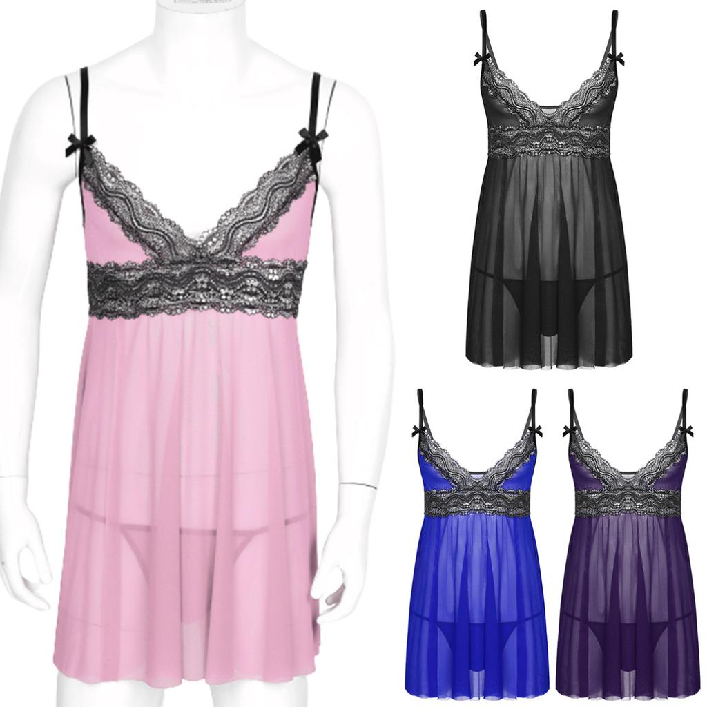 Men's Lace Trim Sissy Lingerie Sets Sling Straps Cross Dress with G-Strings Chemise Nightwear Sleepwear