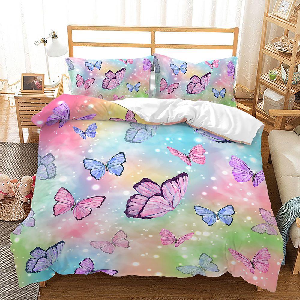 3D Butterfly Bedding Set Bedroom Quilt Cover Pillowcase Double Bed Full Size Bedspread Set Washable Zipper Comfortable Home Decoration