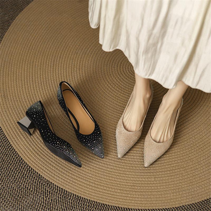 Fashion New Spring/Summer Sheep Suede Women Pumps Shoes for Women Fashion Hot Fix Pointed Toe Loafers Shoes Women Chunky Heels Ladies