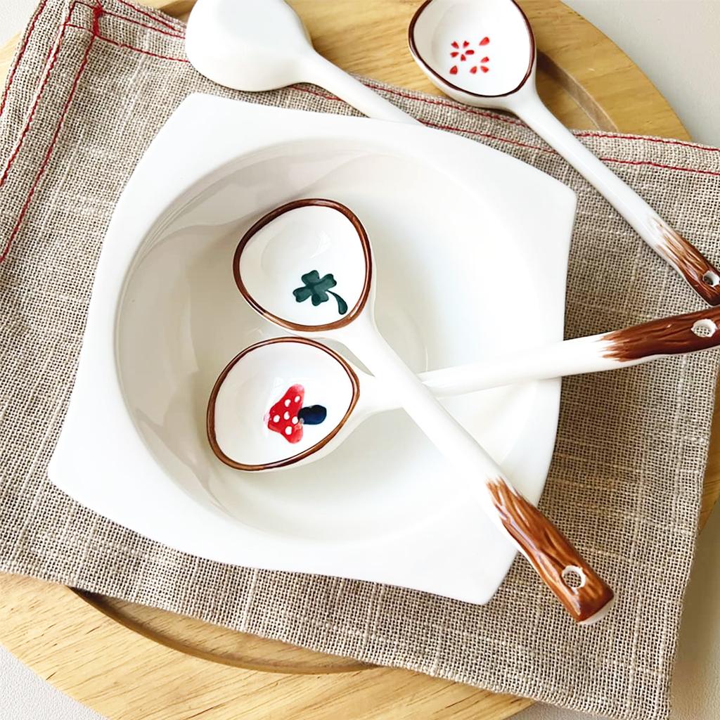 4 PCS Vintage Ramen Soup Spoons, Ceramic Asian Soup Spoons Tablespoon, Rice Noodles Dinner Serving Spoon, Dessert Spoon