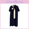 Summer Polyester Fabric Straight Dress With Bow Tie For Women