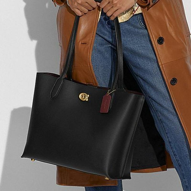 Coach 34 Large Capacity Knob Solid Color Leather Tote Bag Tote Bag Shopping Bag Hand Shoulder Bag Large Size Women's Black