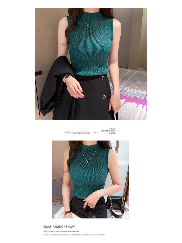Stylish Shiny Silk Half-High Collar Sleeveless Slim Fit Top