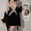 Women's Plus Size Velvet Silver Foil Deep V Push Up Padded Cami Sleep Dress with Robe Lounge Set