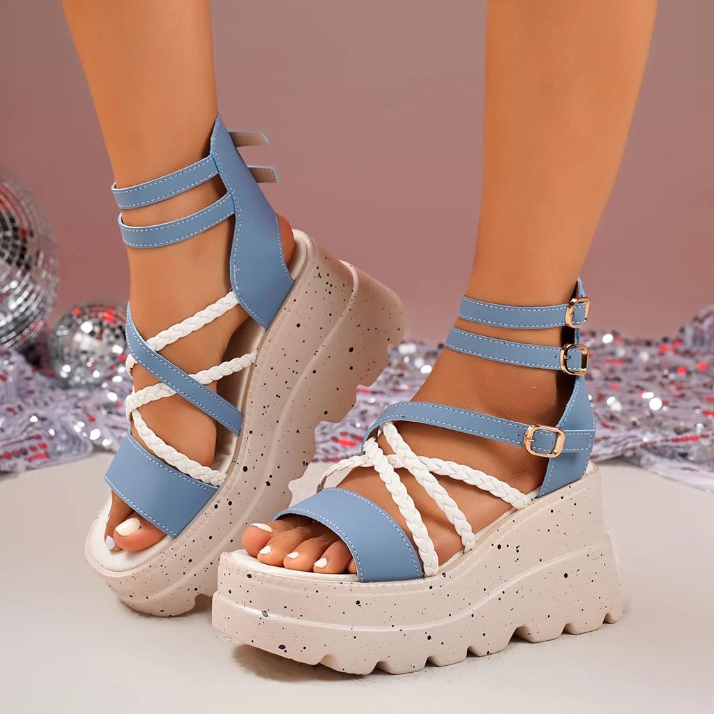 Summer 2025 New European and American Strappy Wedge Heel Sandals, Thick-soled Waterproof Platform High-heeled Sandals