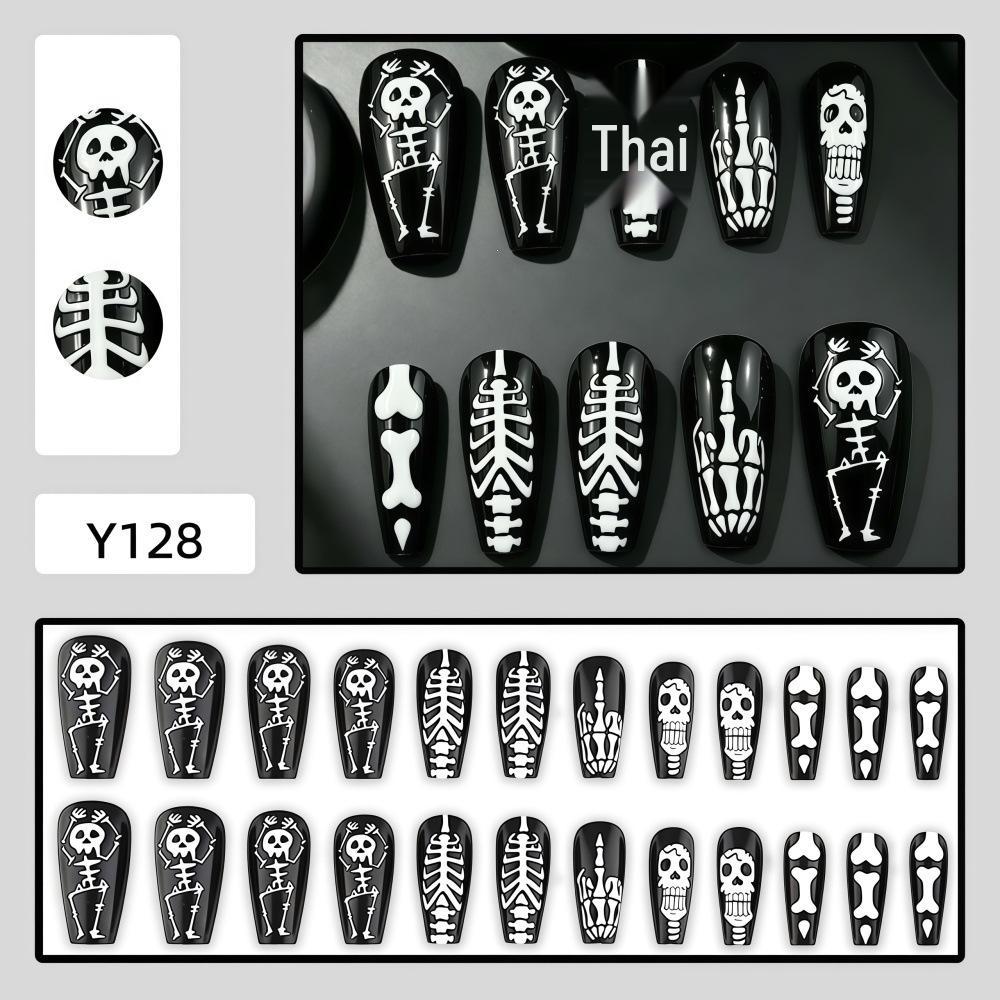 Black & White Hand-Painted Skull Bones Wearable Armor Long Ballet False Nails