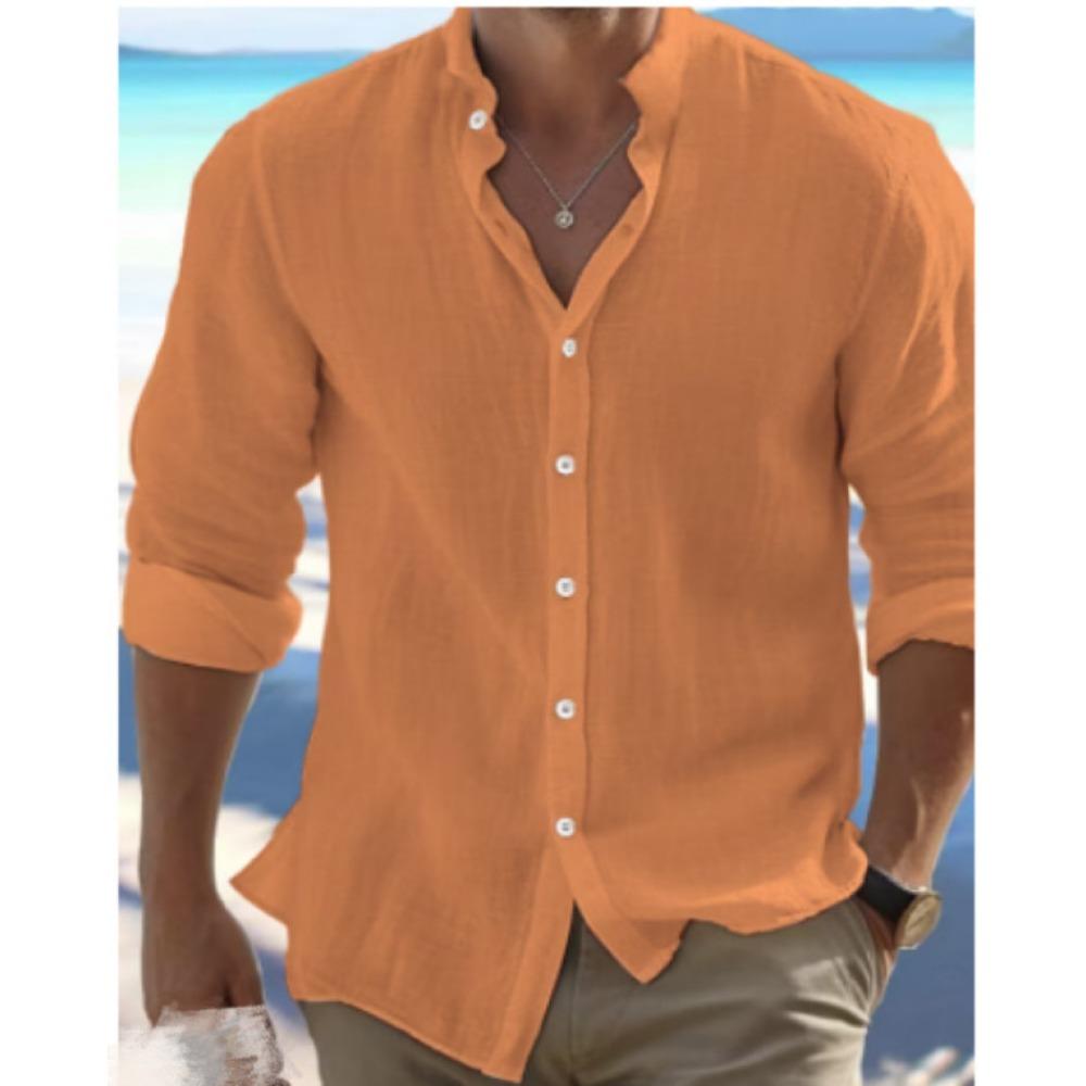 Men's Linen Button-Down Shirt Summer Beach Shirt Long-Sleeved Plain Stand Collar Spring/Summer Casual Everyday Wear