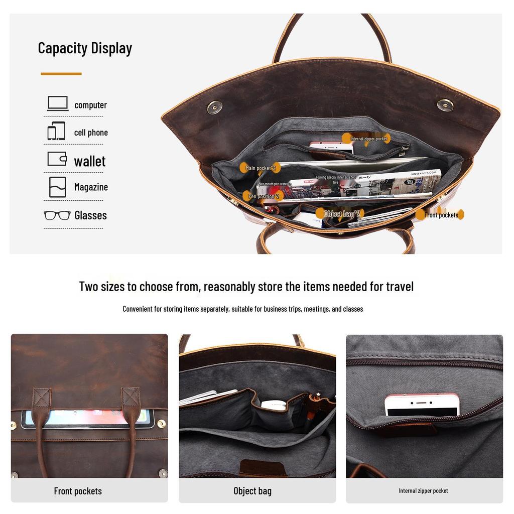 Men's Crazy Horse Leather Briefcase: Genuine Leather Business Casual Handbag with Computer and File Storage.