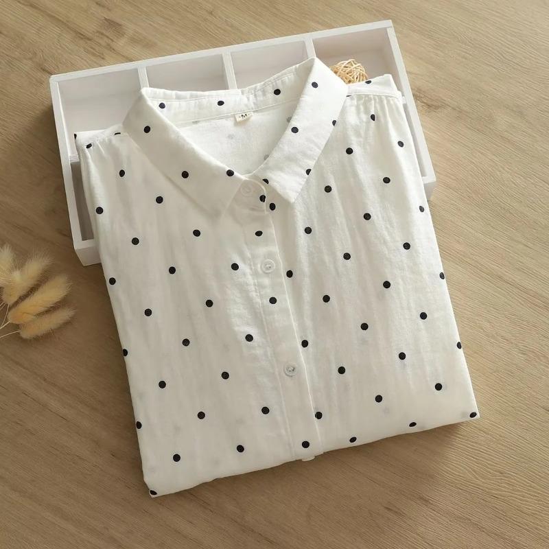 Løvetannmønstret bomullsgarn langermet skjorte for kvinner om høsten løs slankende skjorte topp bluser og skjorter