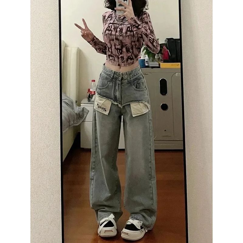 

Hong Kong Style Retro Ripped Denim Female Summer Small Man Stylish Unique High Waist Slim Looking Wide-Leg Draggle-Tail Trousers Light blue pants 156-165 S