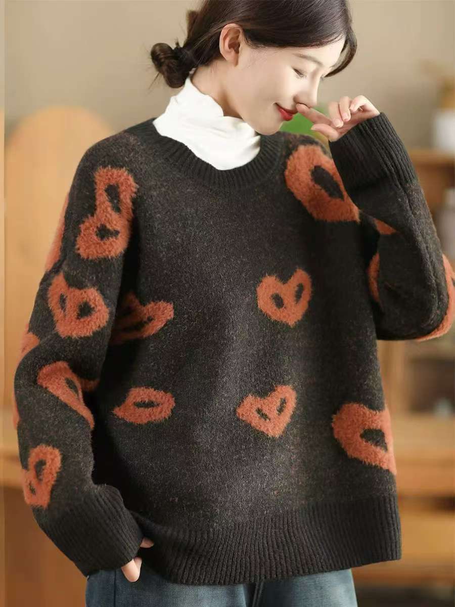 Johnature Модный свободный свитер с длинными рукавами и круглым вырезом женский зимний повседневный свитер в стиле ретро в китайском стиле One Size чёрный 3094₽