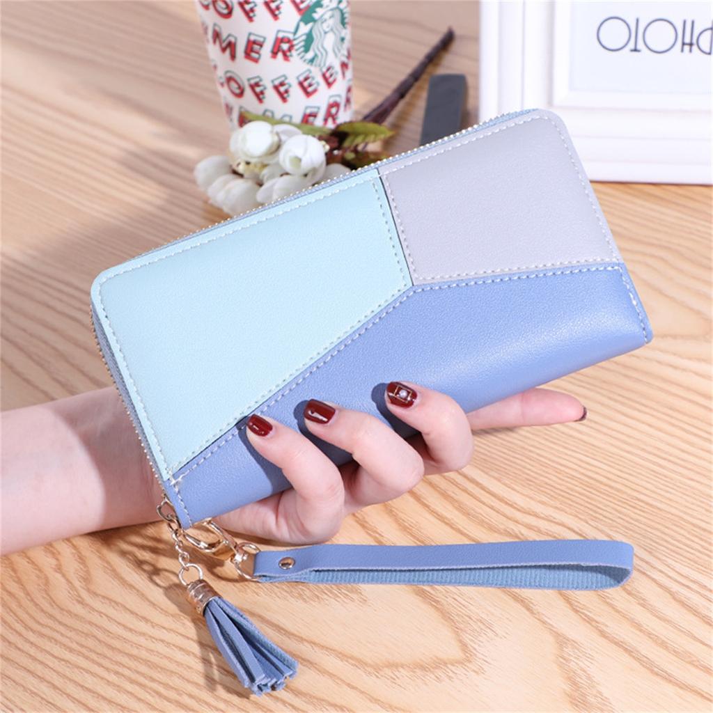 Leather Wallet For Women, Clutch Travel Tassel Purse Wristlet In Colorblock Leather With Card Slots Money Organizer And Phone Holder