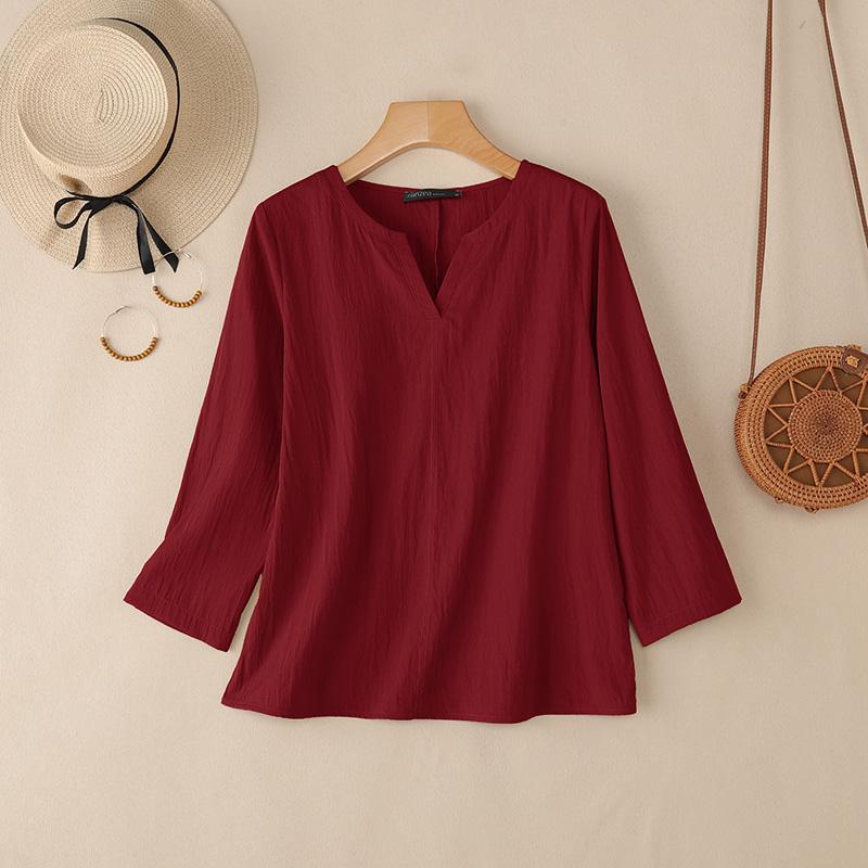 ZANZEA Women Casual V-Neck Solid Color 3/4 Sleeve Loose Blouse