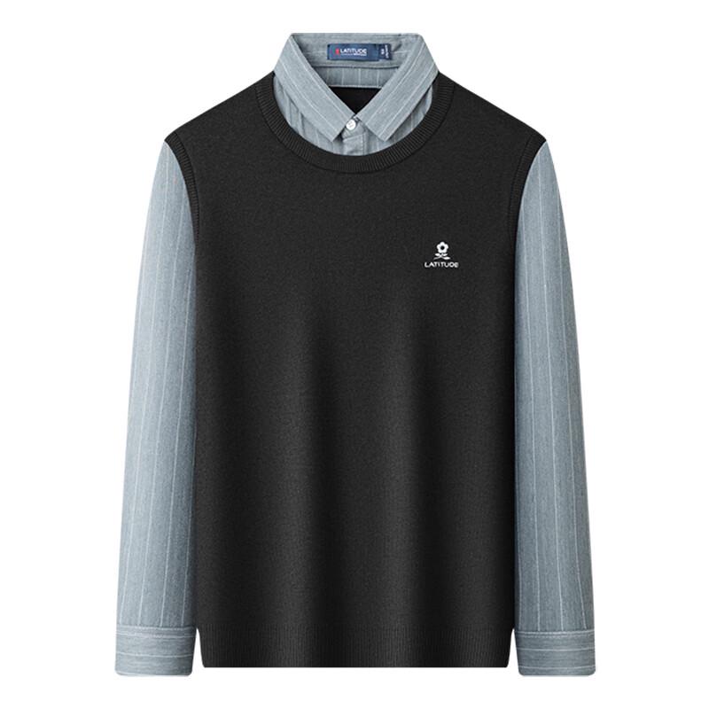 MONTAGUT Men's Faux Two-Piece Striped Lapel Embroidered Knit Sweater