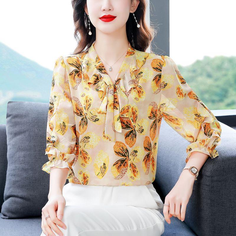 Spring Summer New Bow Tie Chiffon Shirt Women's Three Quarter Sleeve Top Elegant Fashion Floral Printing Chiffon Blouse Femme