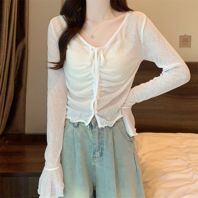 

Summer Korean Style Casual Versatile Tie - Belt Design Slim Long Sleeve Knit Top Women s Flared Sleeve Cardigan One size білий