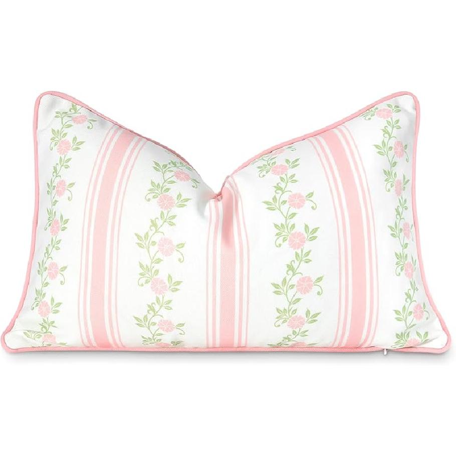 Hofdeco Premium Coastal Patio Indoor Outdoor Scalloped Lumbar Pillow Cover Only, 12"x20" Water Repellent for Backyard, Couch, Green Embroidered