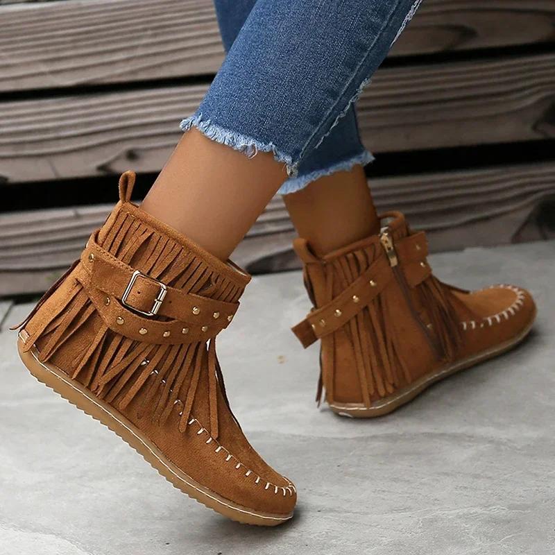 Bohemian Style Tassels Ankle Boots Women Retro Faux Suede Buckle Strap Short Boots Woman Plus Size 43 Flat Heels Western Botas