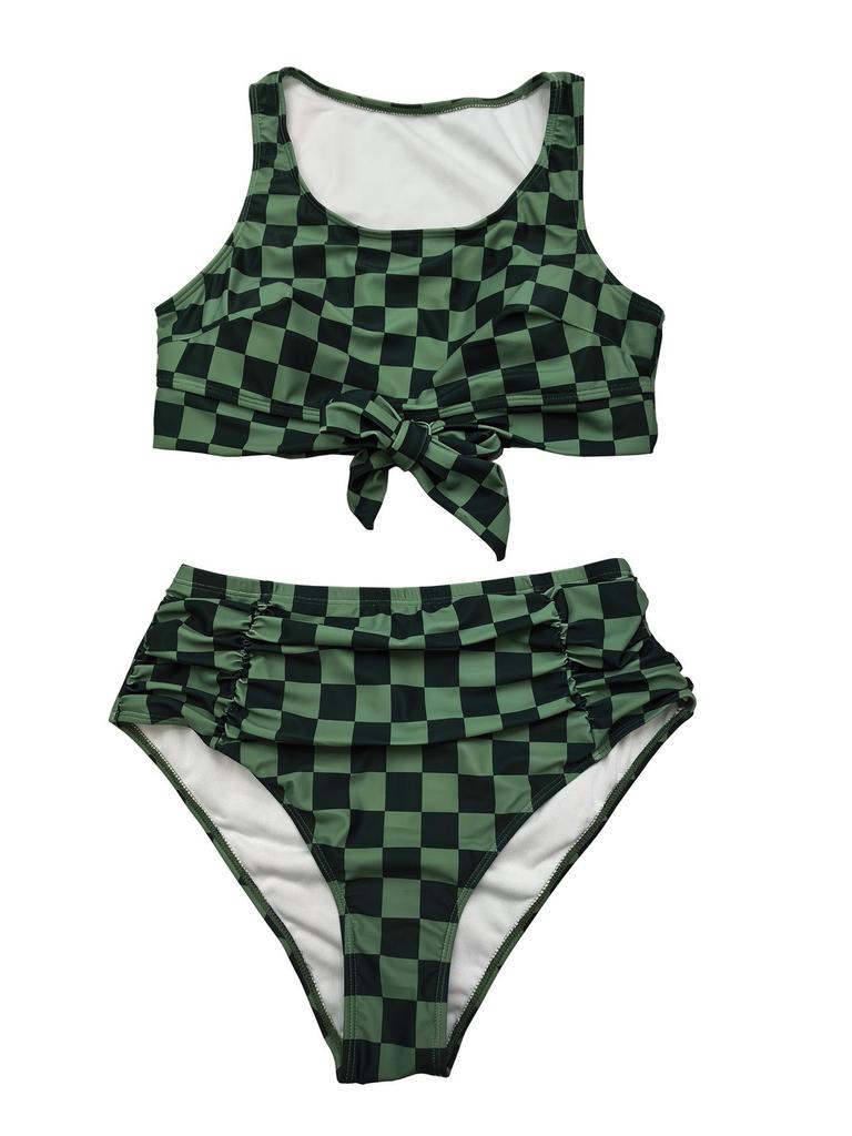 2026 European & American Plus Size Sexy Plaid Bikini - High Waist Tummy Control Two-piece Swimsuit