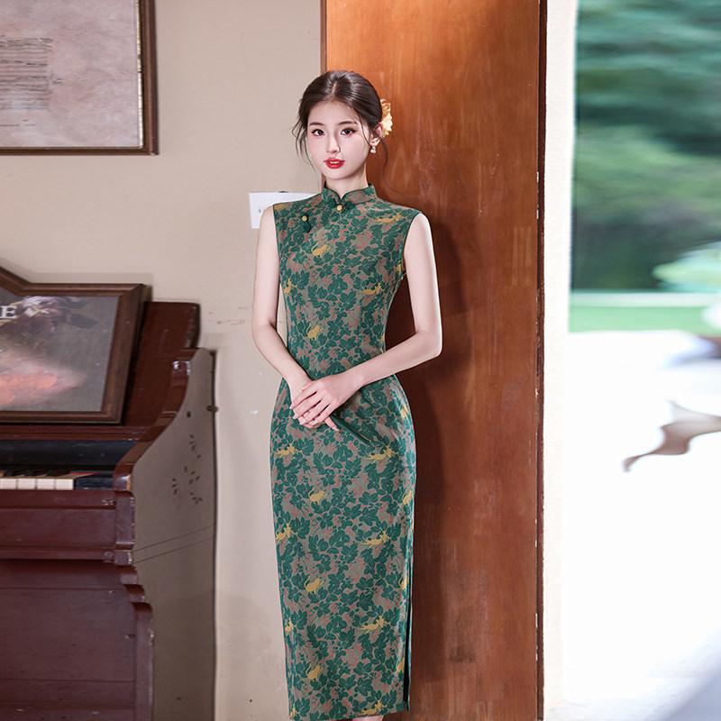 Green sleeveless national style new Chinese daily Suzhou long cheongsam improved young 1011 new women's high sense